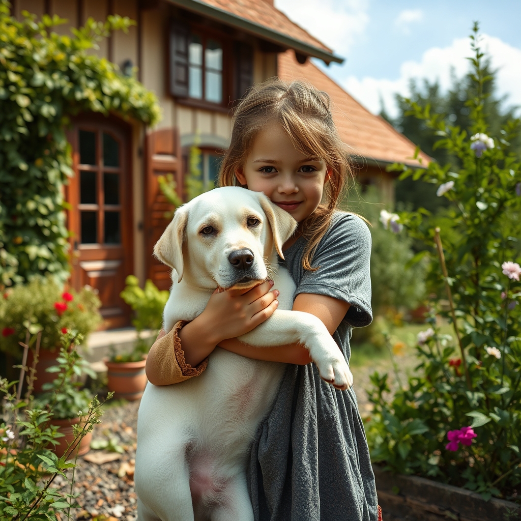 A ragged little foreign girl with a white labrador in her ar