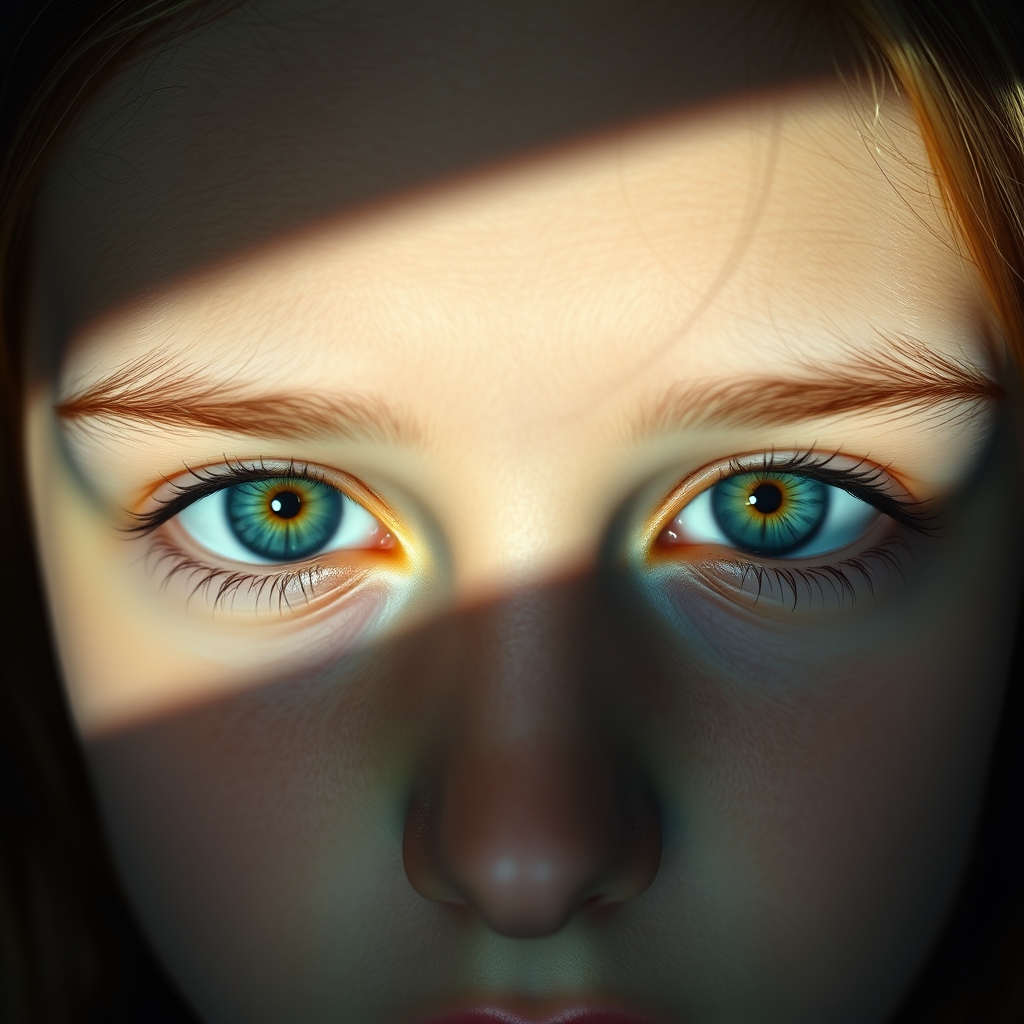 A girl with a pair of amber green blue eyes. The picture onl