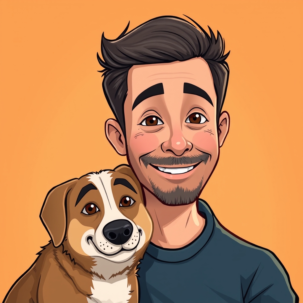 A cartoon portrait of a man and a dog