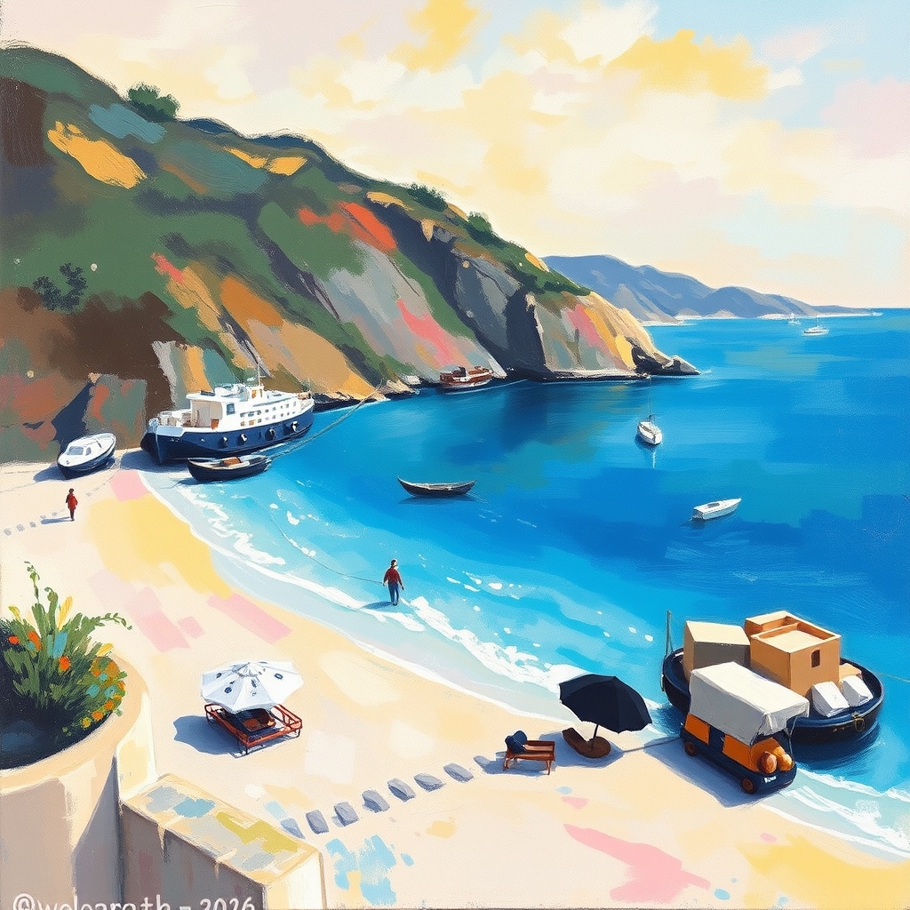 Pastel colour abstract beach in greece oil painting