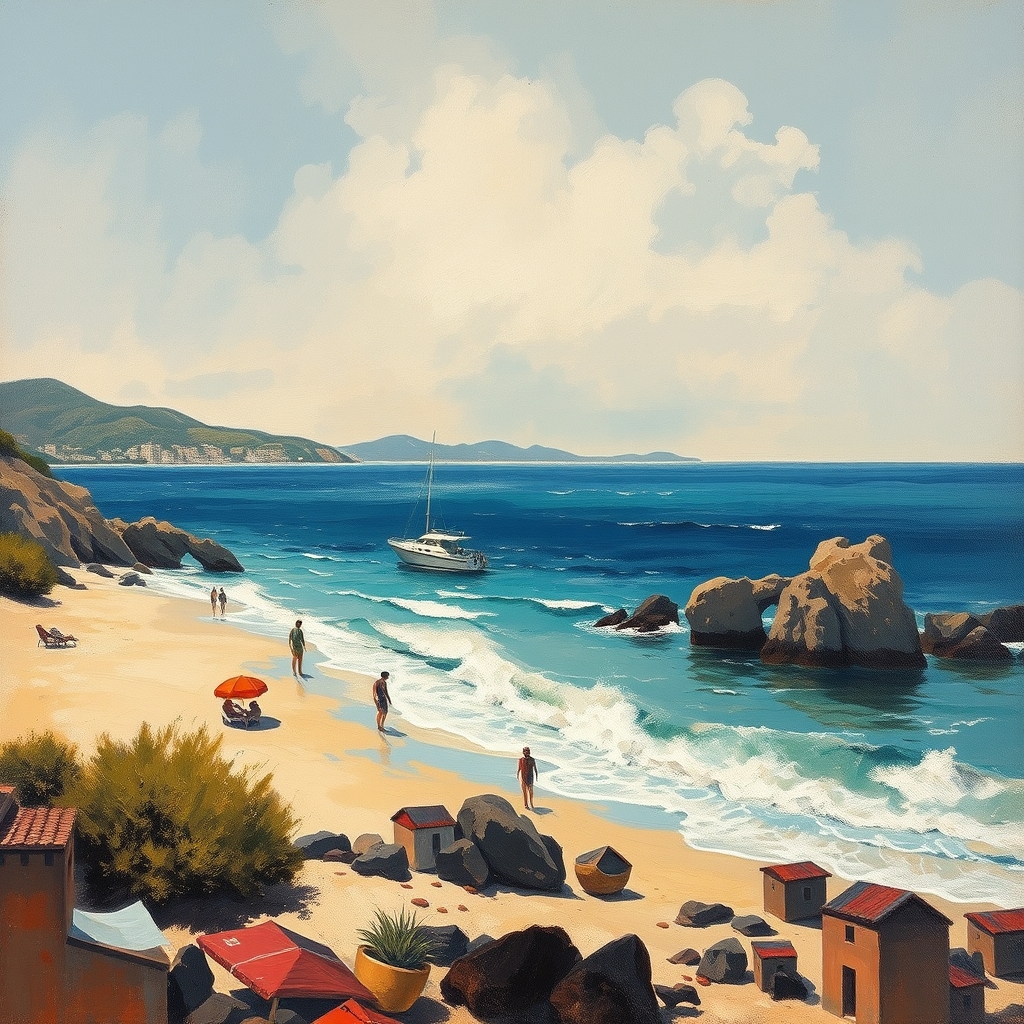 vintage stel colour abstract beach in greece oil painting ol