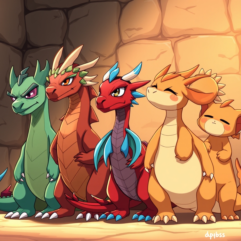 A lineup of teen dragons standing next to each other, shown 