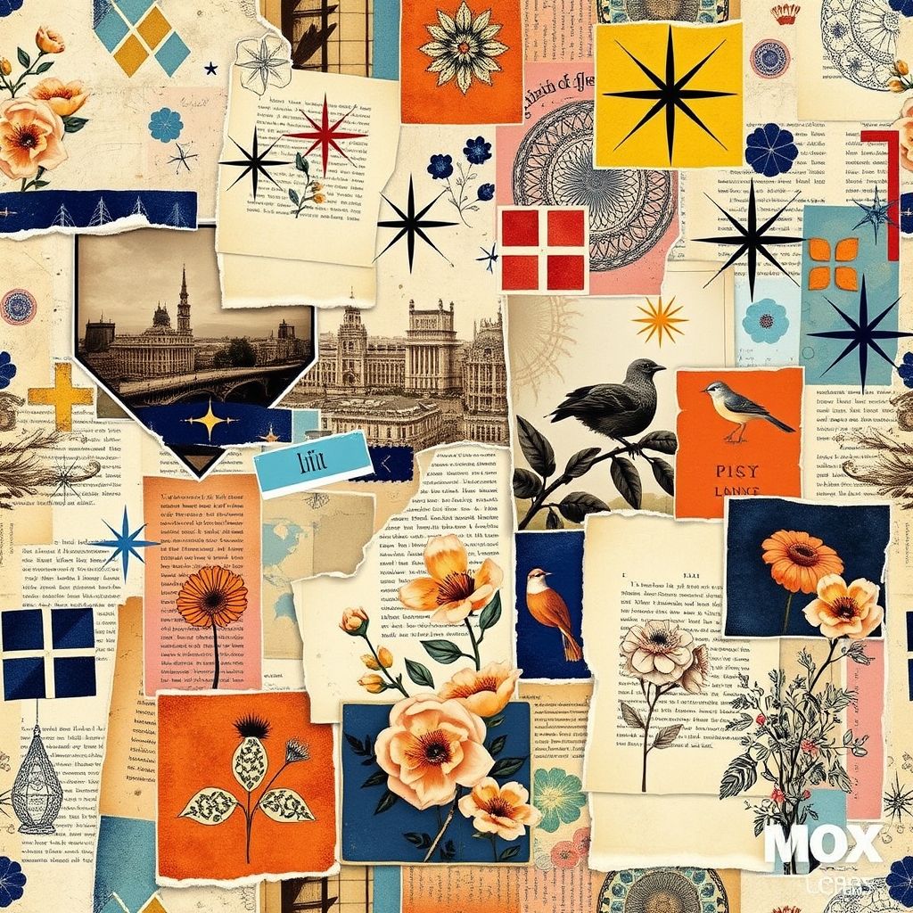 A vibrant, eclectic collage wallpaper featuring a mix of vin