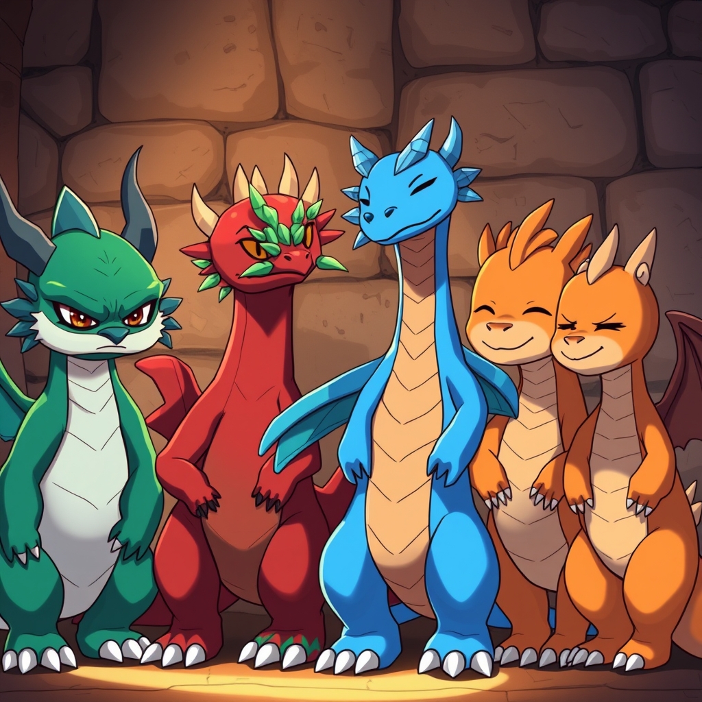 A lineup of teen dragons standing next to each other, shown 