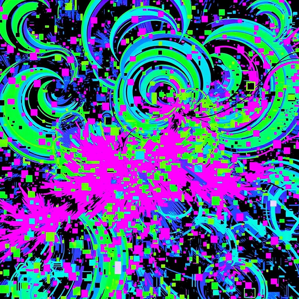 A vibrant, chaotic array of glitch effects, composed of pixe