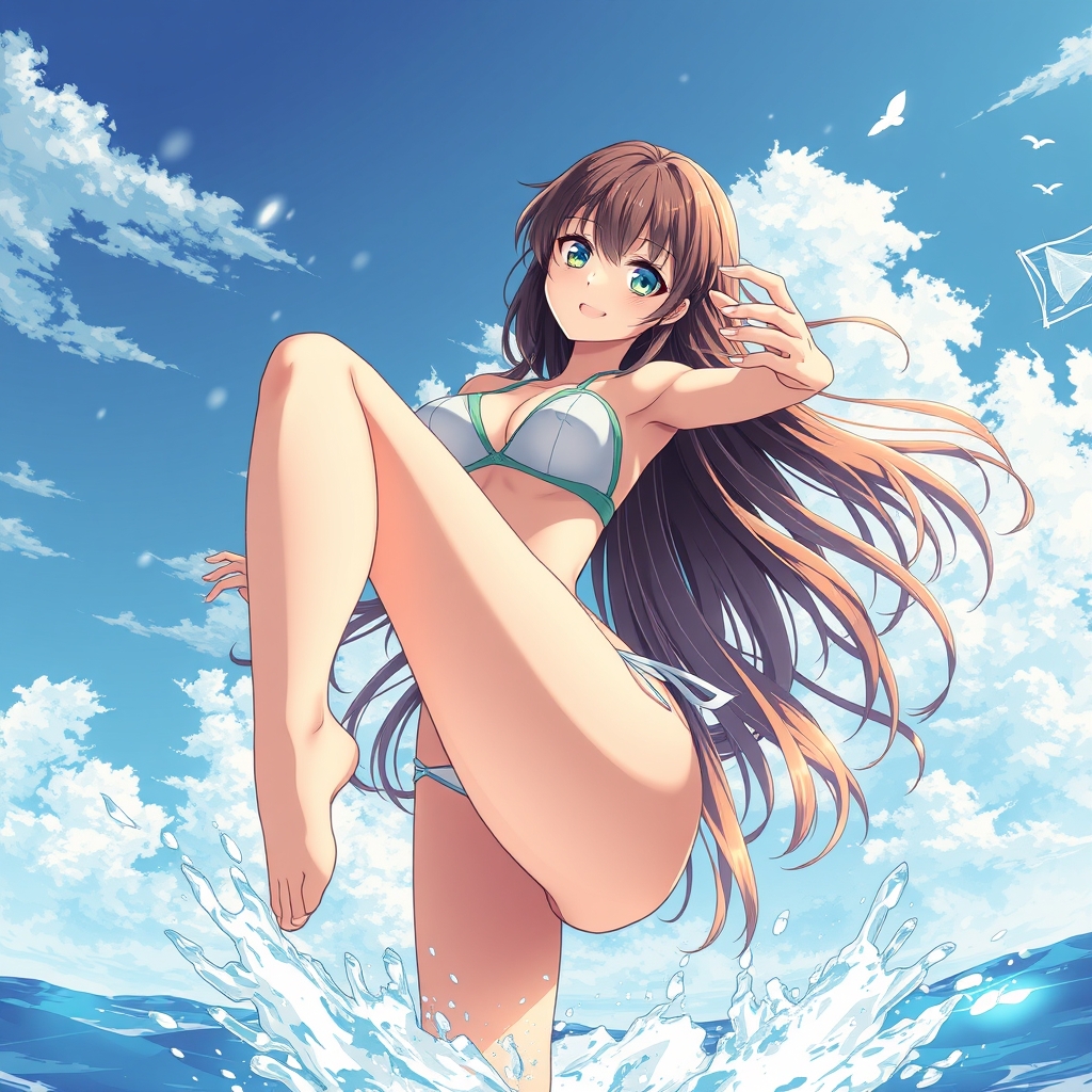 a hot anime girl with her bikinis falling off