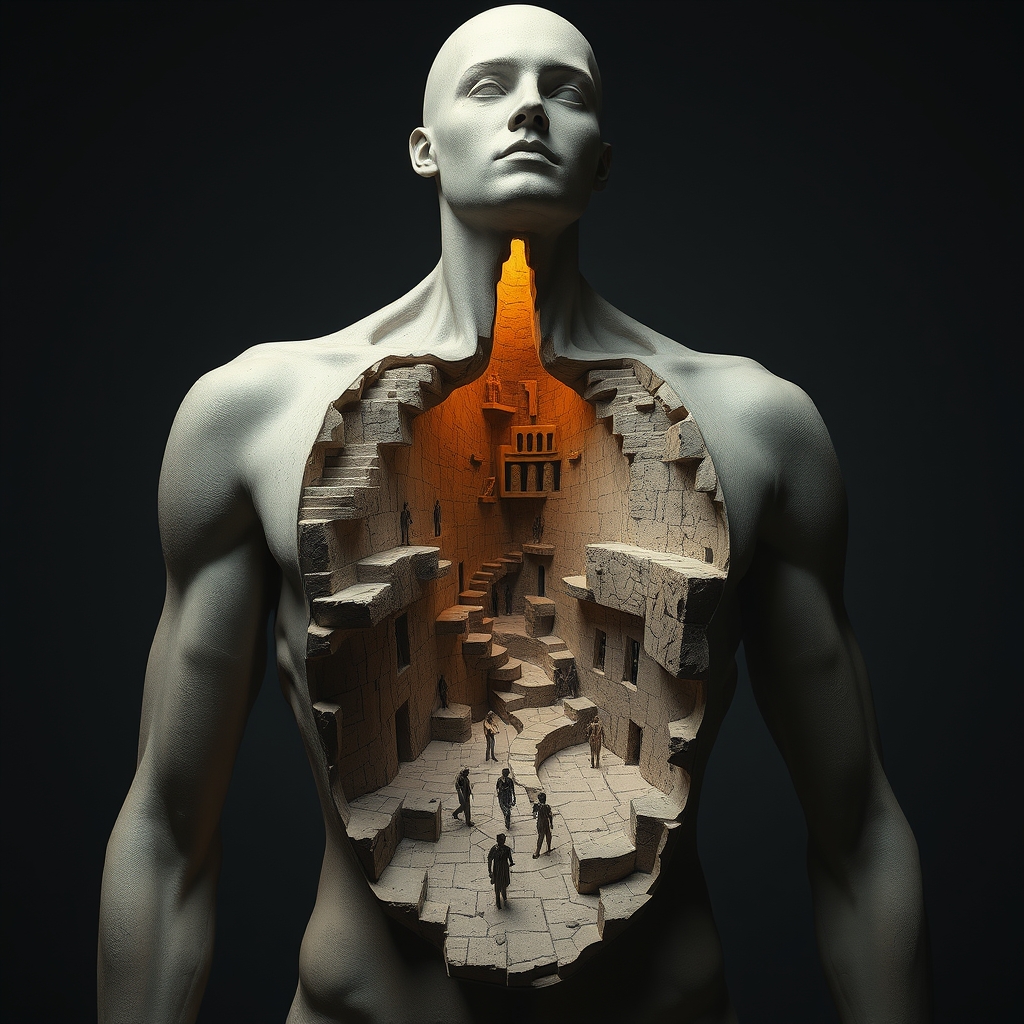 A surreal human figure with an open torso revealing an infin