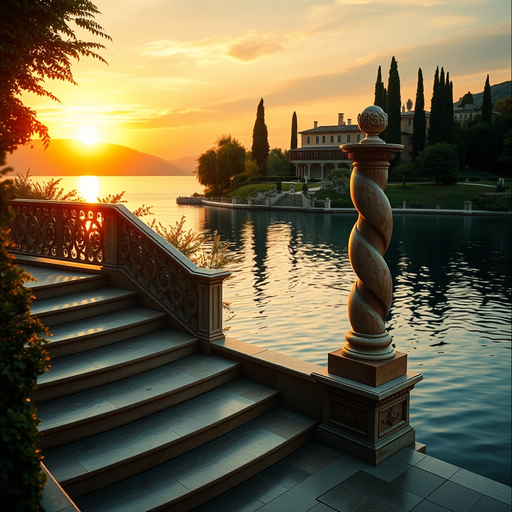A mesmerizing lakeside scene bathed in the warm, golden hues
