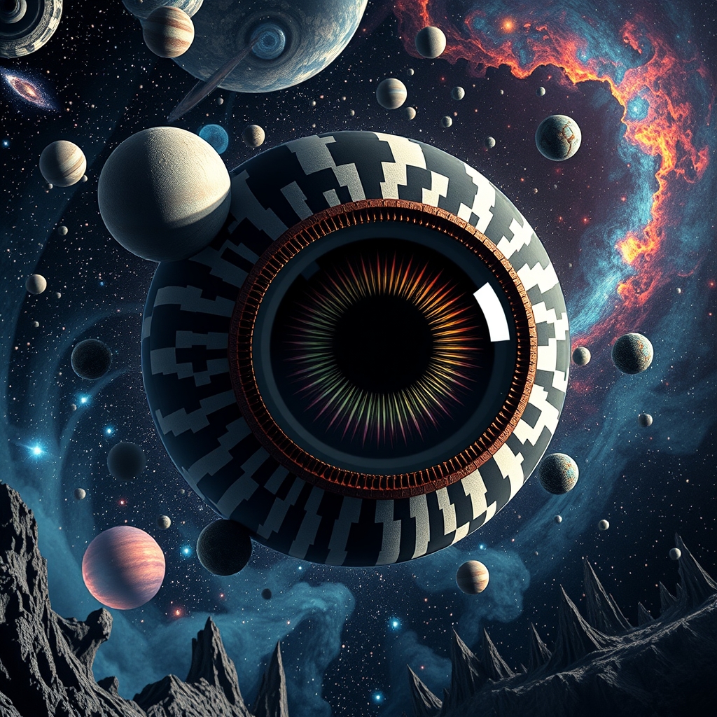Medieval giant eyeball space planetarium, 3D op art style, d