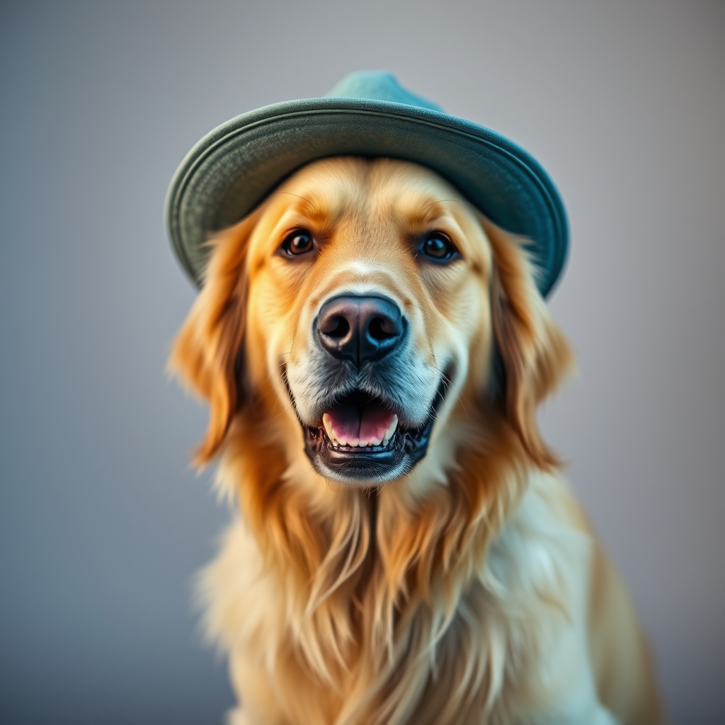 medium portrait shot of a golden retriever, wearing a hat