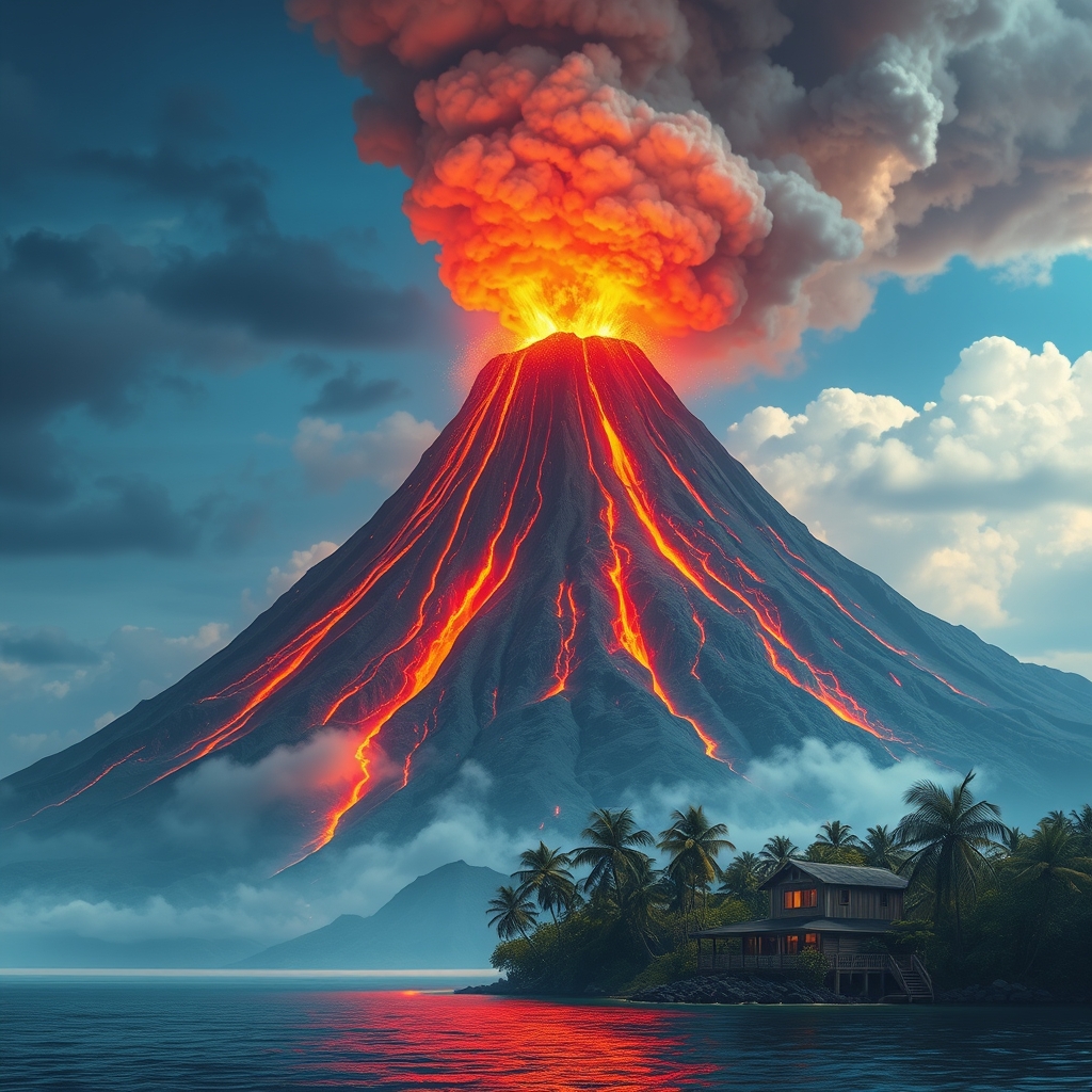 Volcano erupting with lava flowing down its sides, smoke bil
