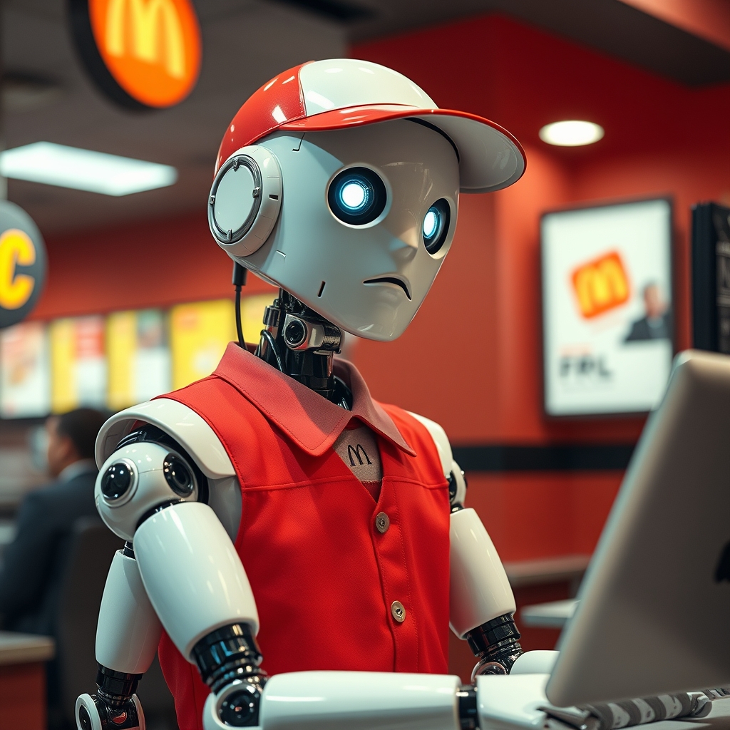 robot wearing an employee uniform and working at fast food r