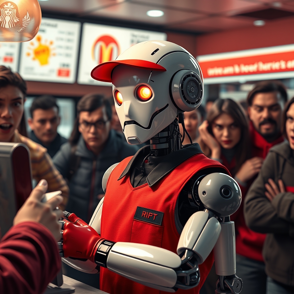 robot wearing an employee uniform and working at fast food r