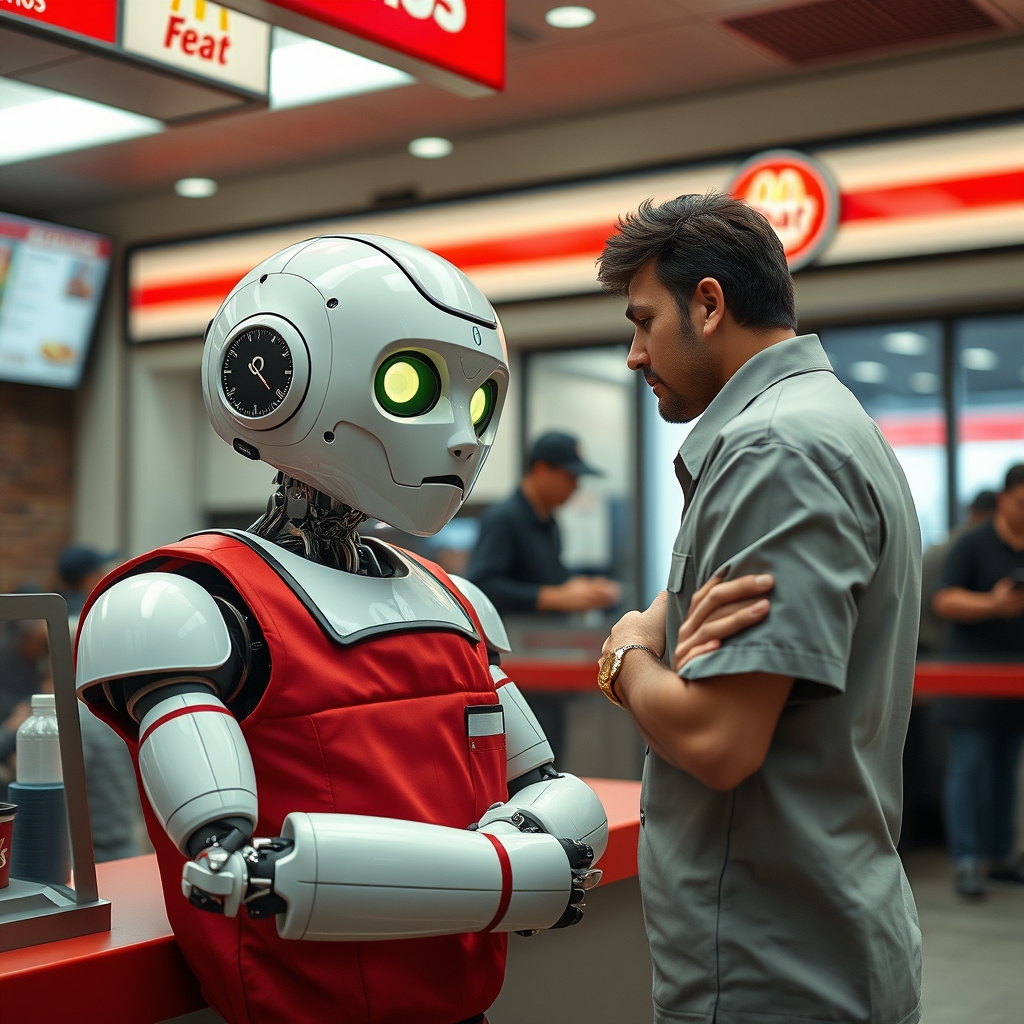 robot wearing an employee uniform and working at fast food r