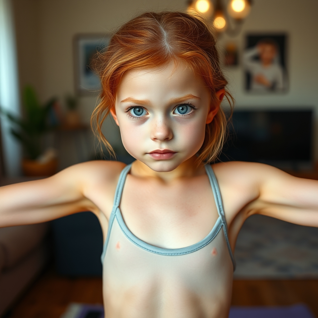 Ultrarealistic photo of a cute redhead pale girl. 12 years o