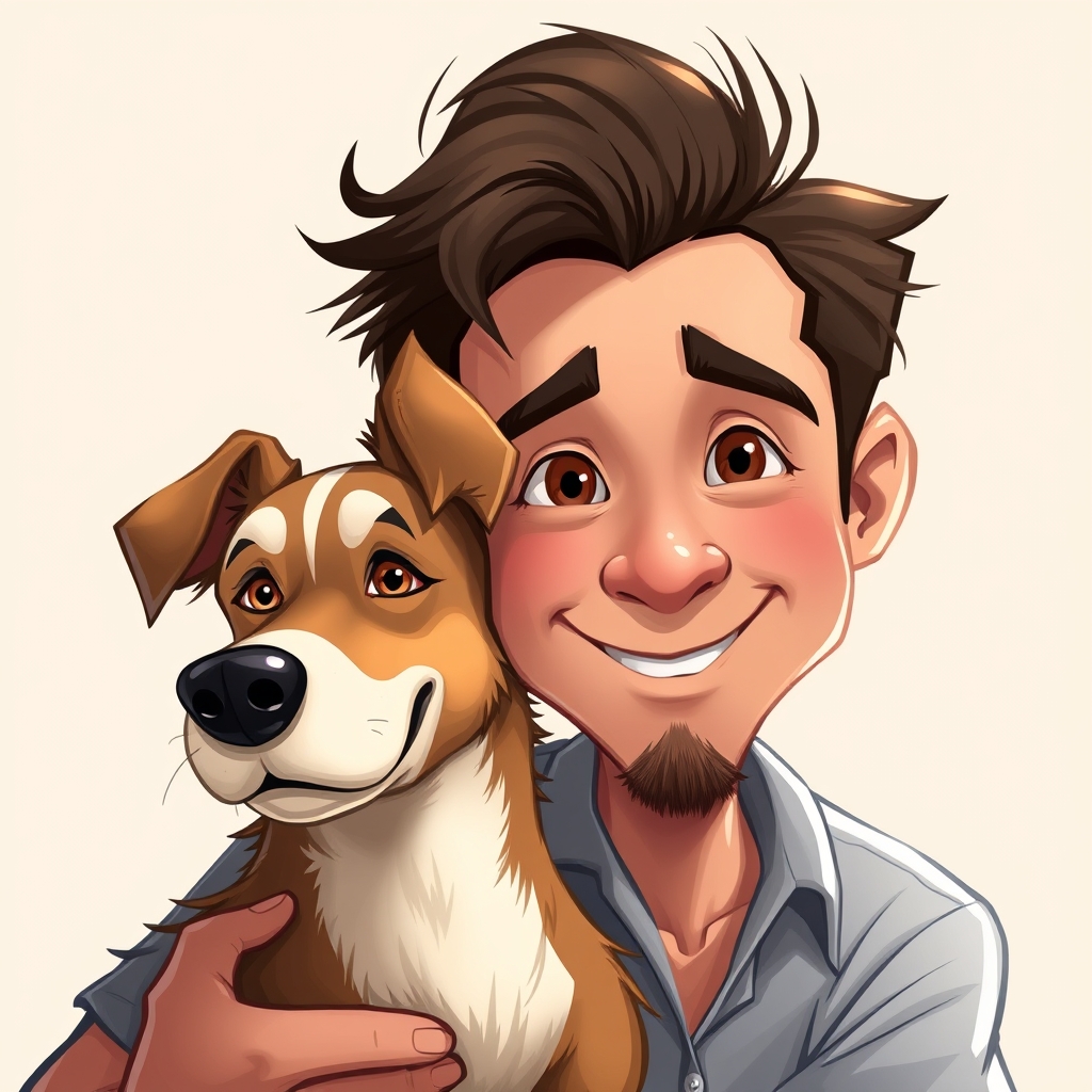 A cartoon portrait of a man and a dog