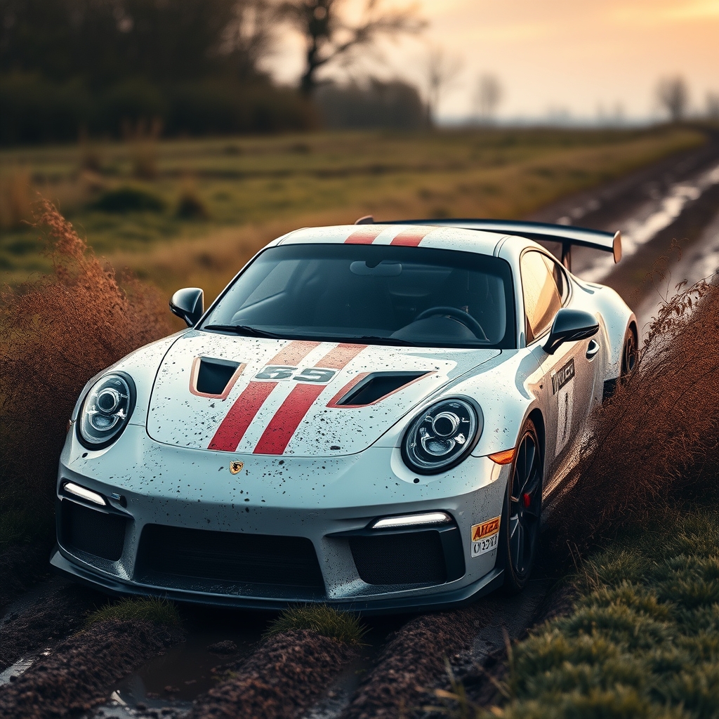 A sports car driving on muddy grass
