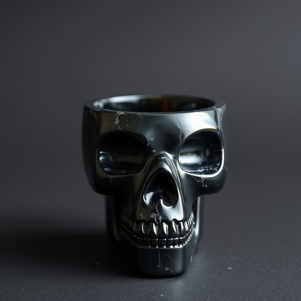 create a small carved lama skull shaped cup out of dull blac