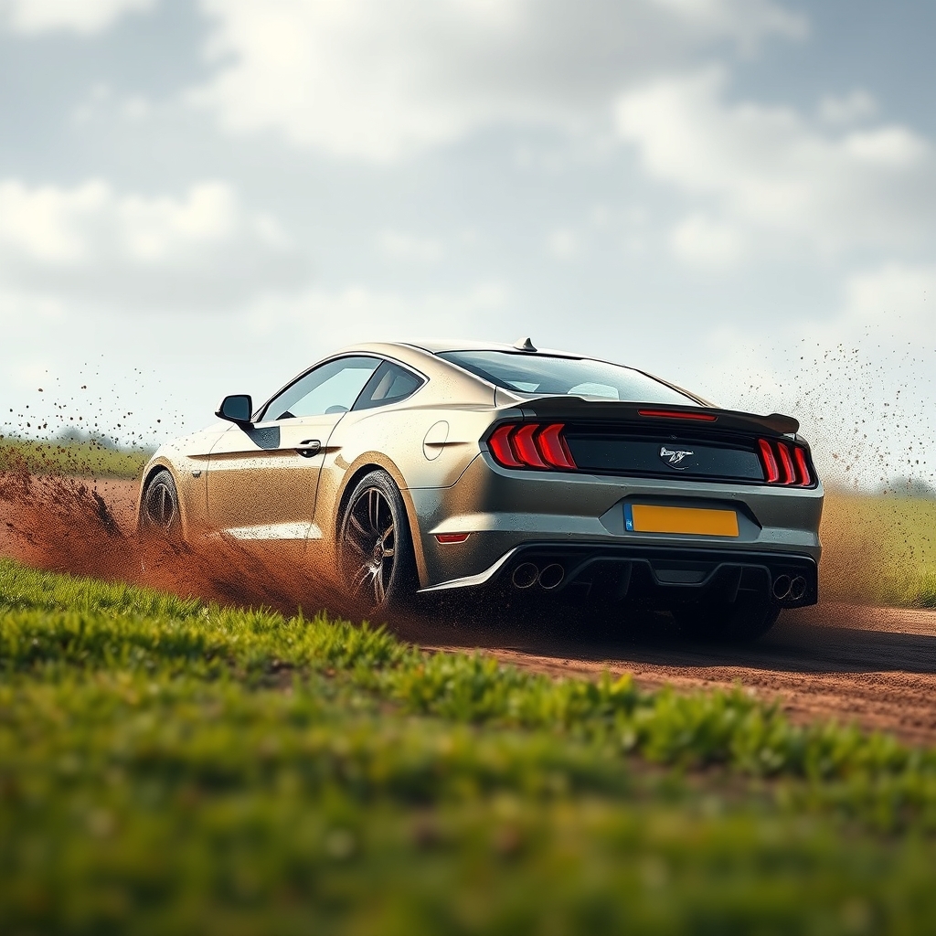 A sports car driving on muddy grass
