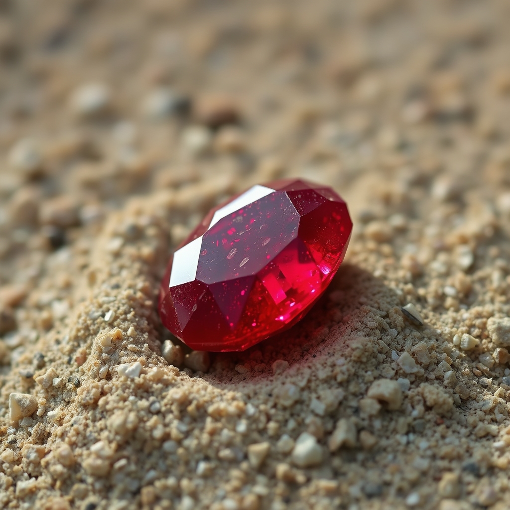 small oval red rough ruby embedded in sand, not polished but