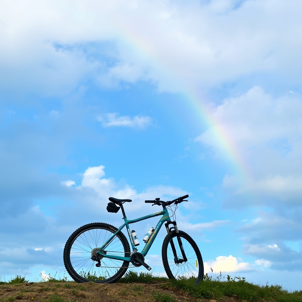 Mountain bike, sky, clouds and rainbow