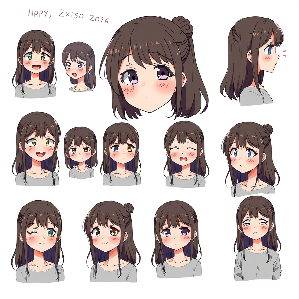An anime female character, animated expression reference she