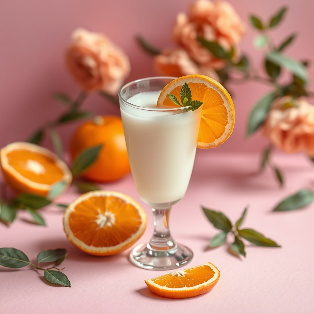 white drink in glass, on a pink surface, in the style of bot