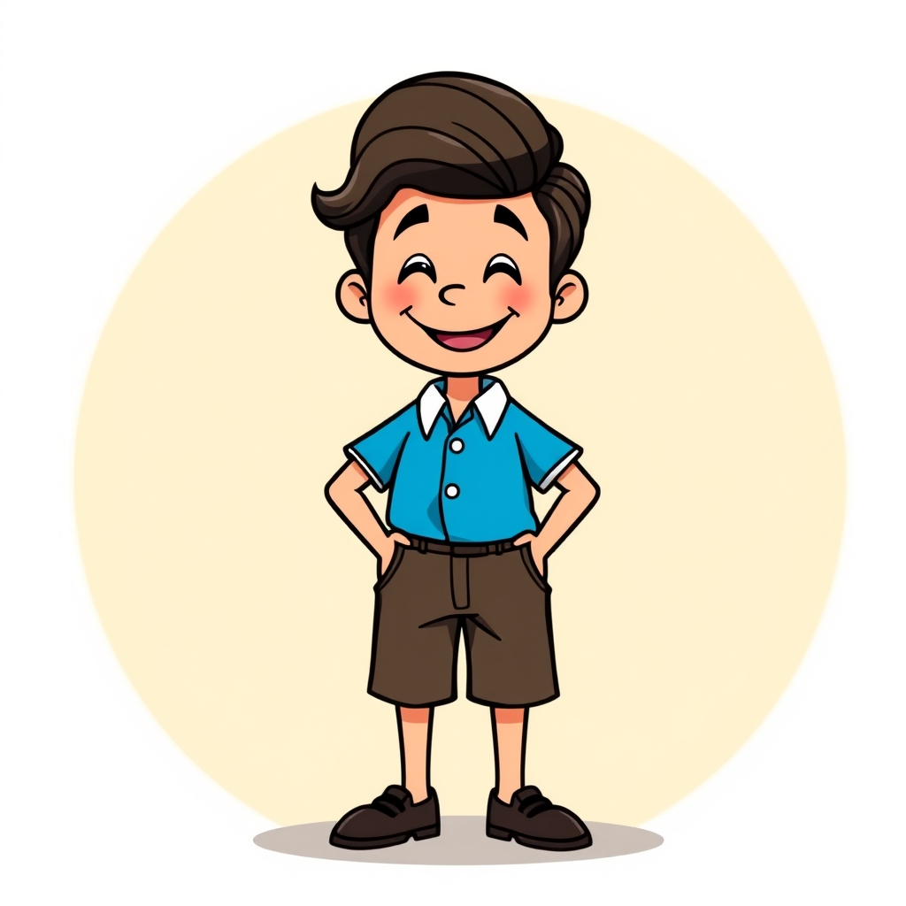 a cheerful cartoon character with a bright blue short sleeve