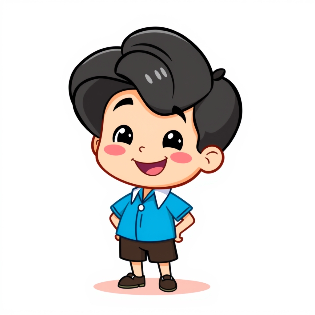 a cheerful cartoon character with a bright blue short sleeve