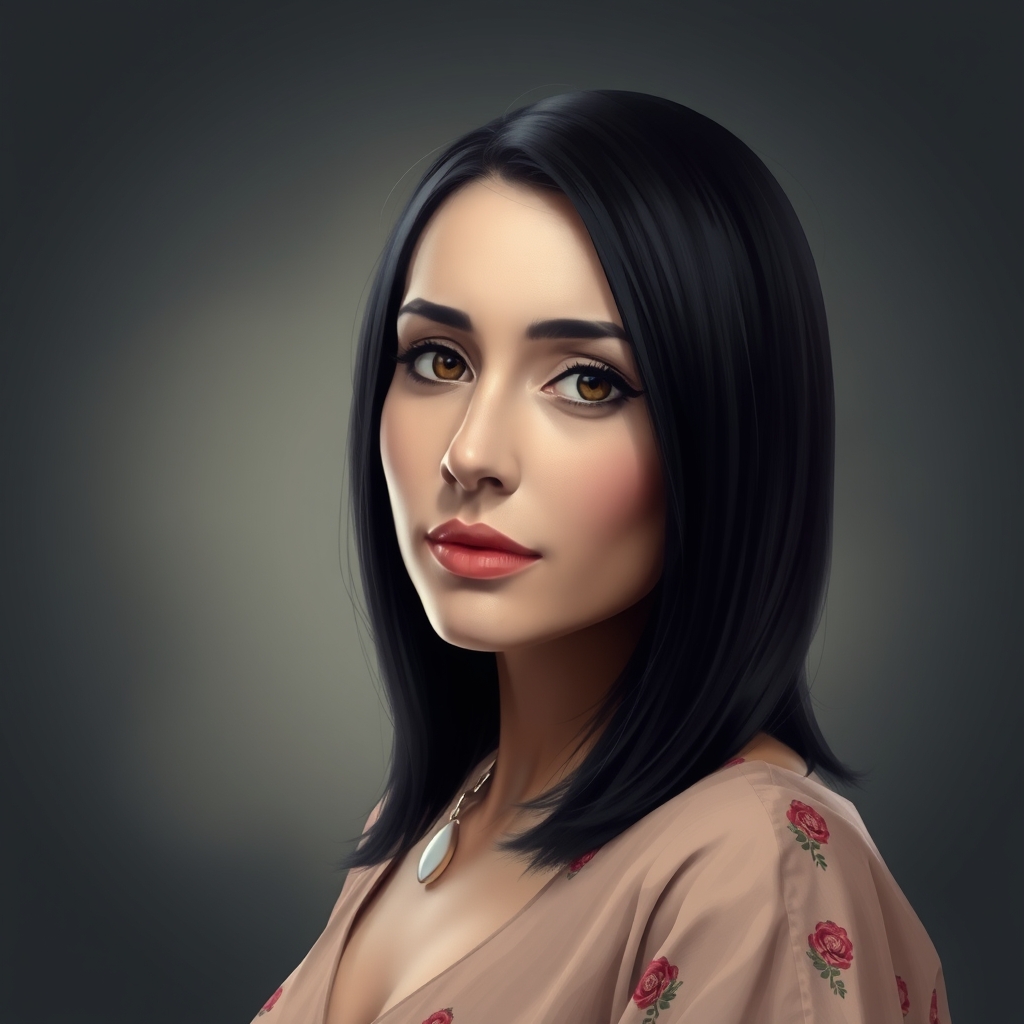 digital art, turkish woman, 40 years old, straight black hai
