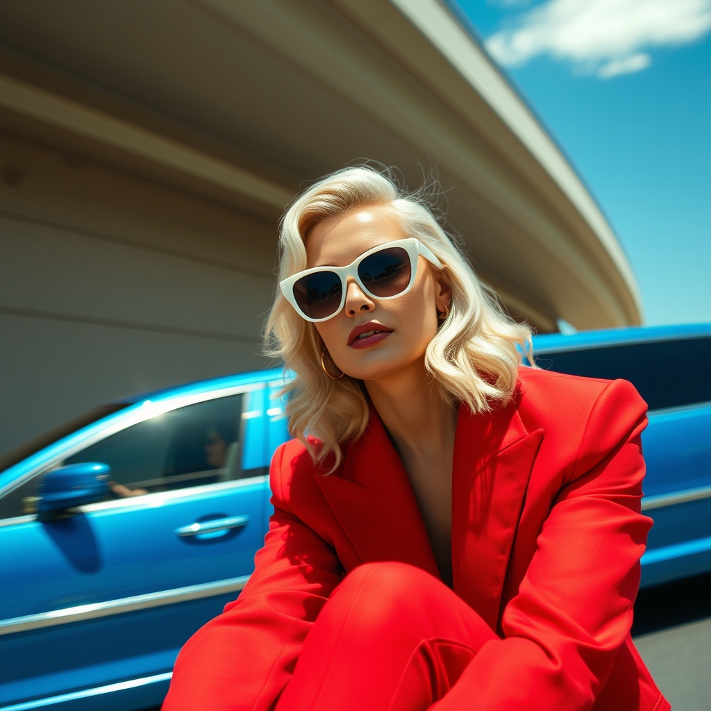 An editorial shot of a poised model with platinum blonde hai