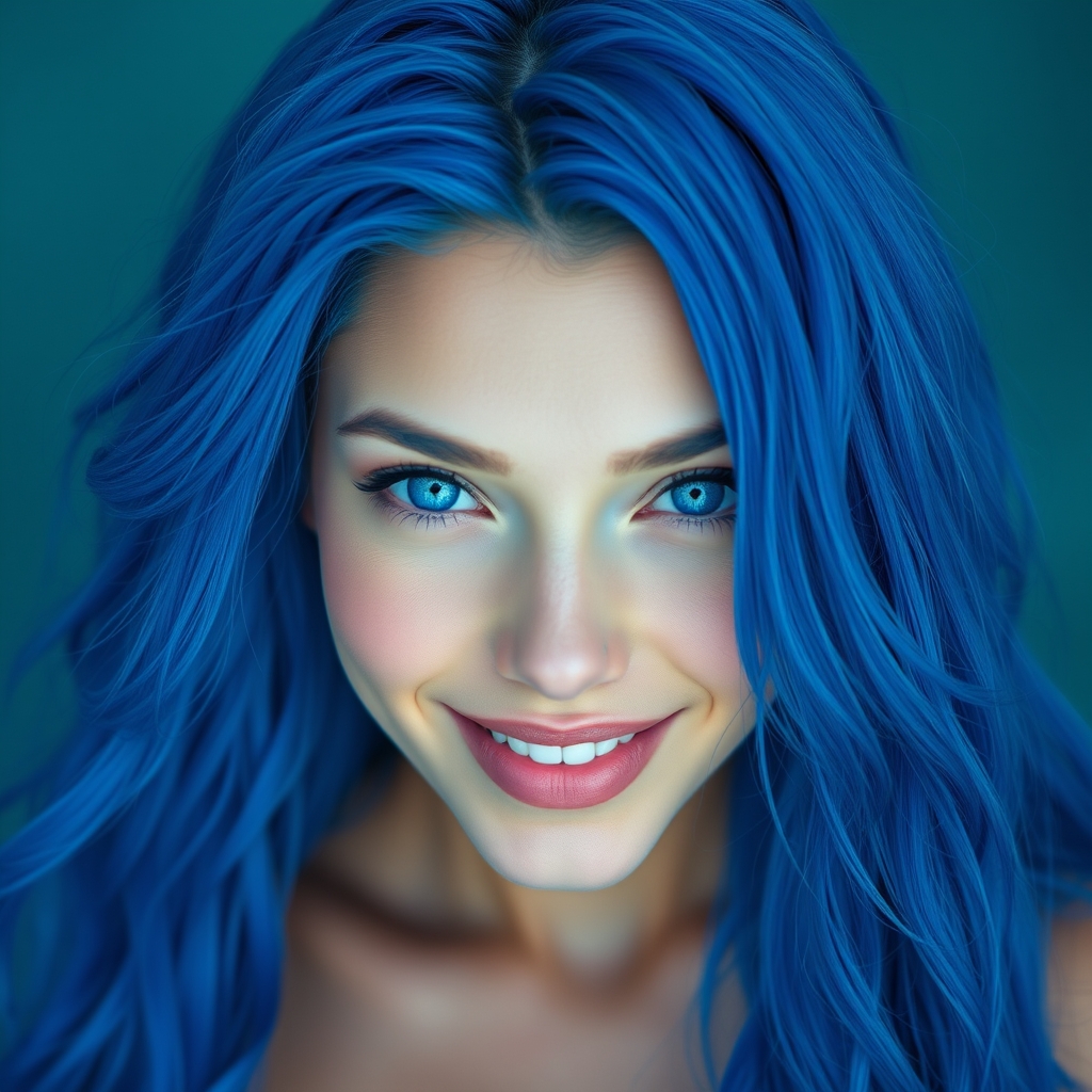 A beautiful ocean goddess with long, thick royal-blue hair, 