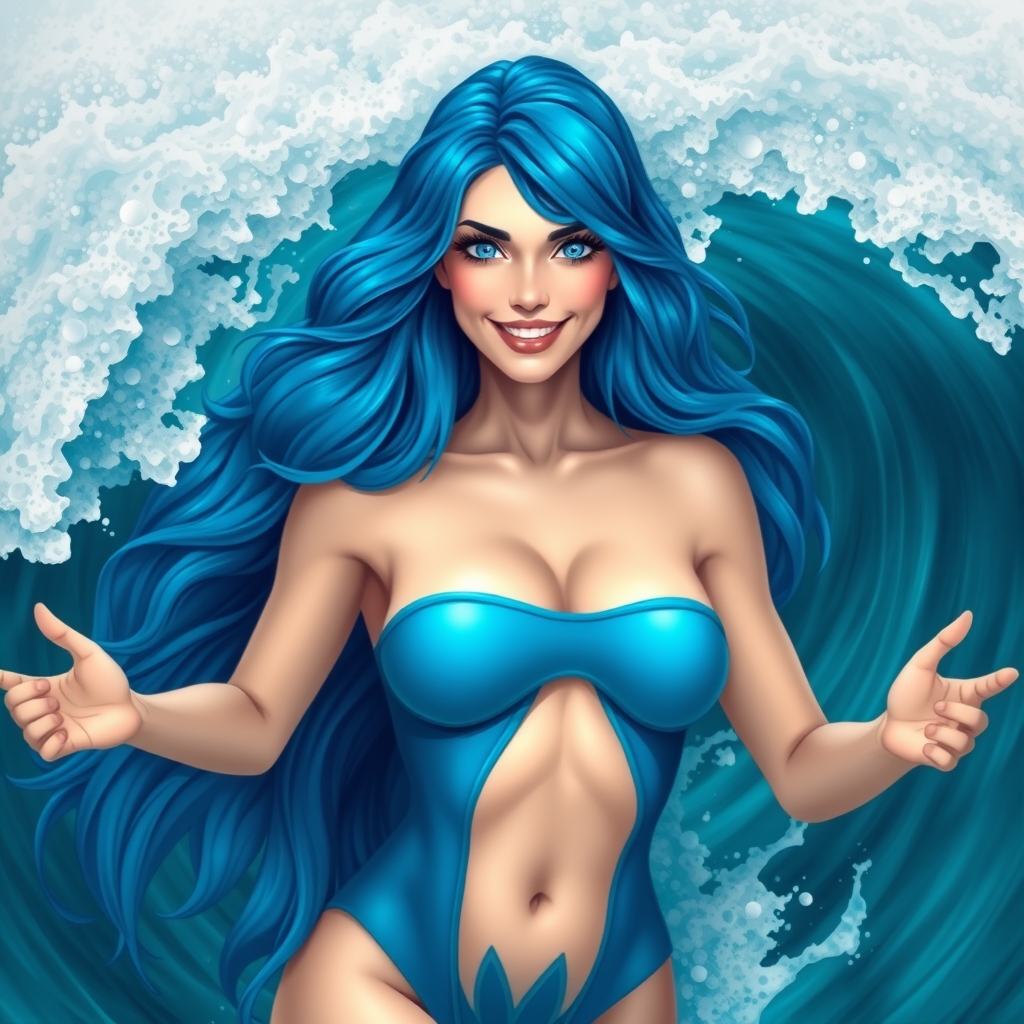 A beautiful ocean goddess with long, thick royal-blue hair, 