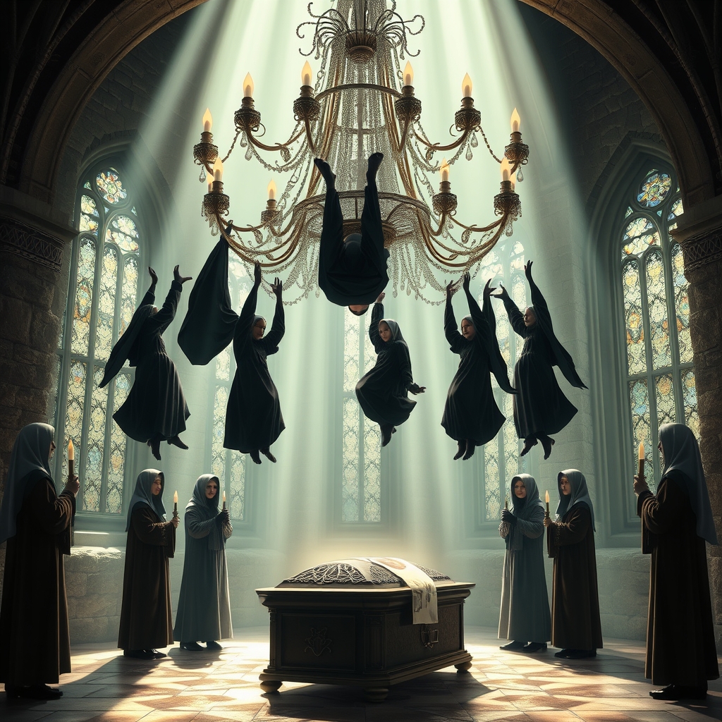 The room is bathed in a soft, ethereal light filtering throu