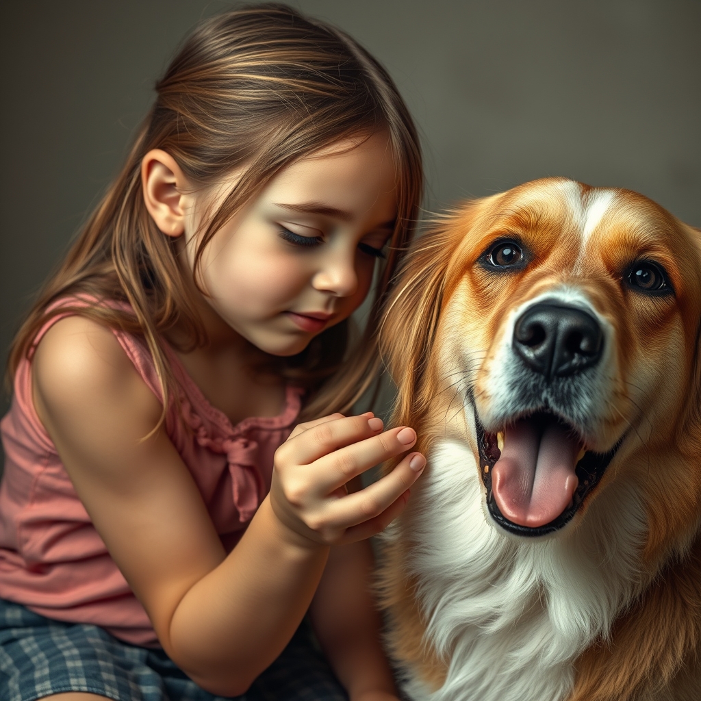 A girl of about 12 years old touches a dog's penis.