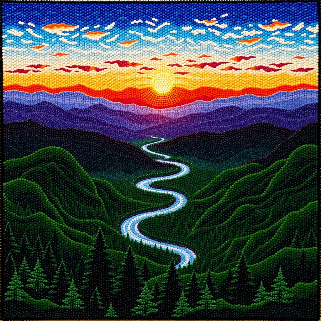 A wide flat beaded decoration depicting a landscape of layer