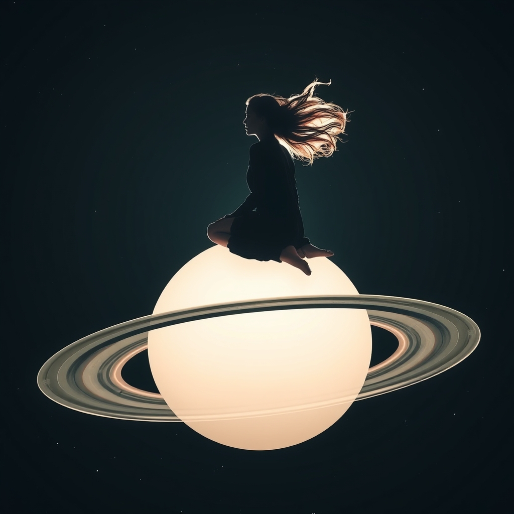 A small silhouette of a woman with her hair blowing in the w