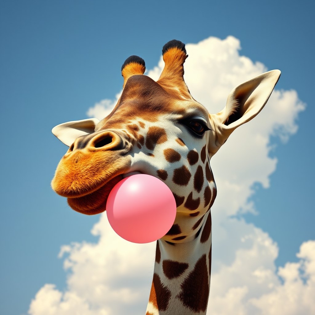 Close side portrait of a Jirraffe with a pink Bubblegum in h