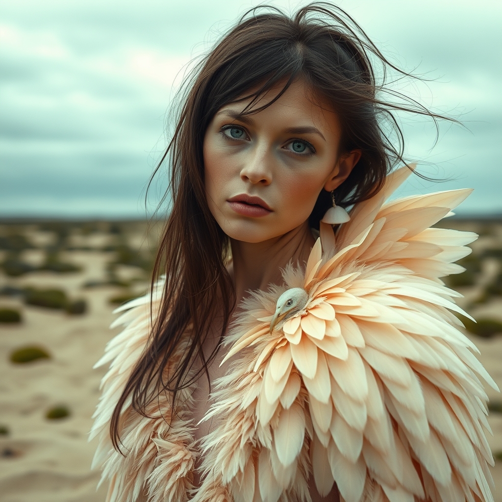 A surreal close-up image of a bird woman. The creature has t