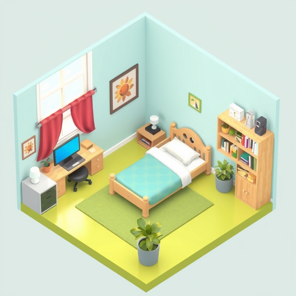 a 3D isometric room. Very cute. There is a bed and a compute