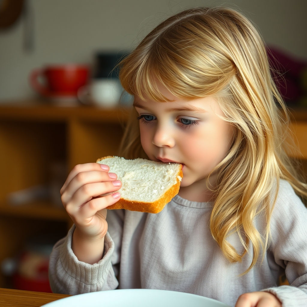 Small petite blonde girl eating white bread