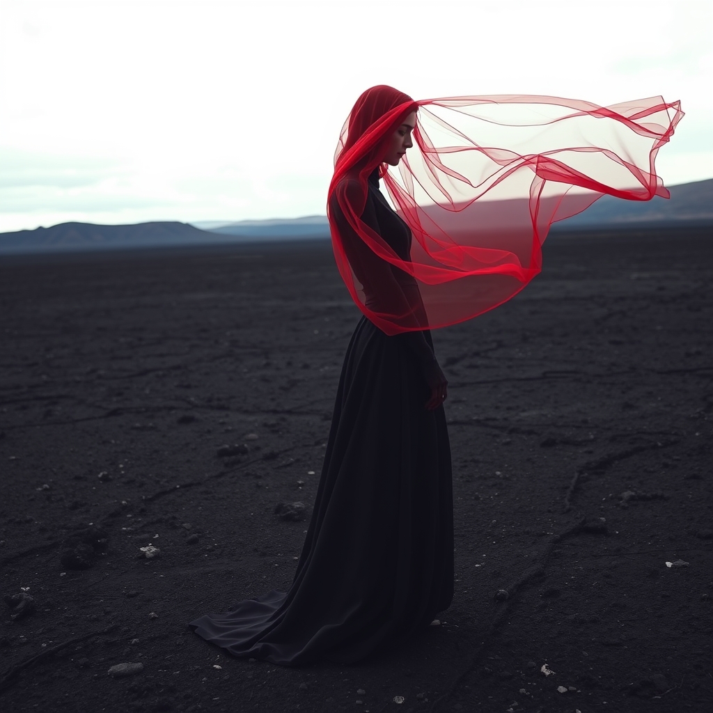 a surreal, image of a woman alone on a dark and desolate vol