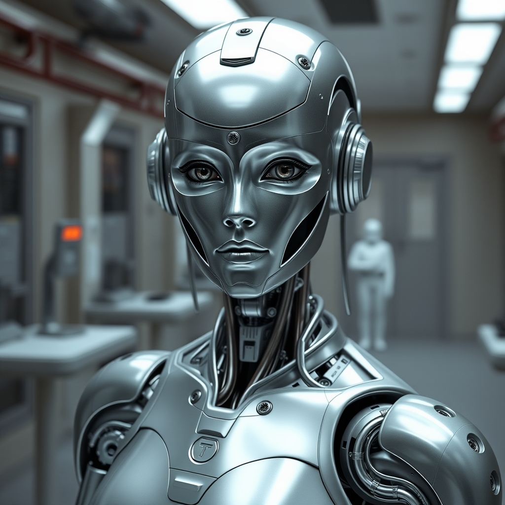 A female droid in a star wars style designed to look ascetic