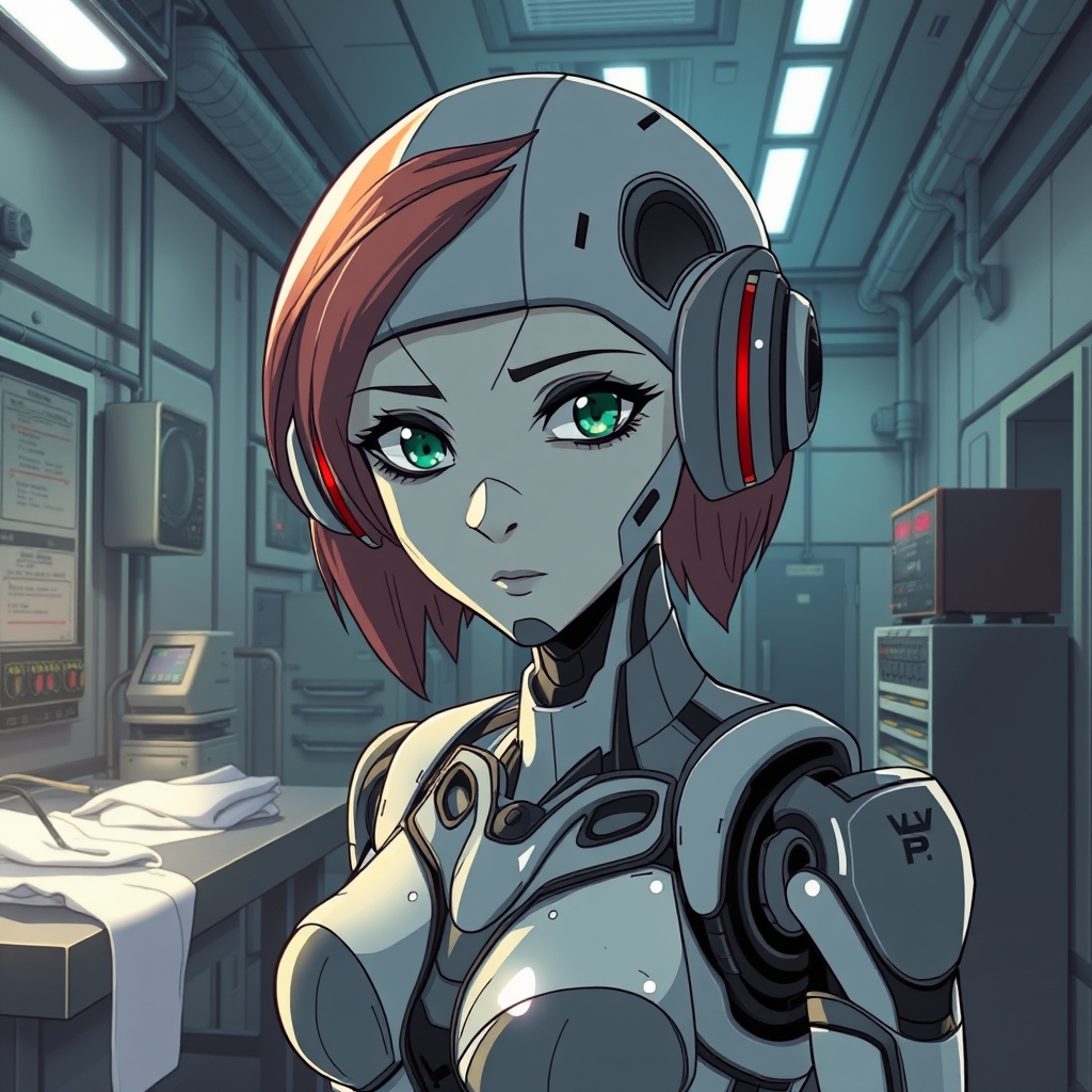 A female droid in a medical room inside a slave processing c