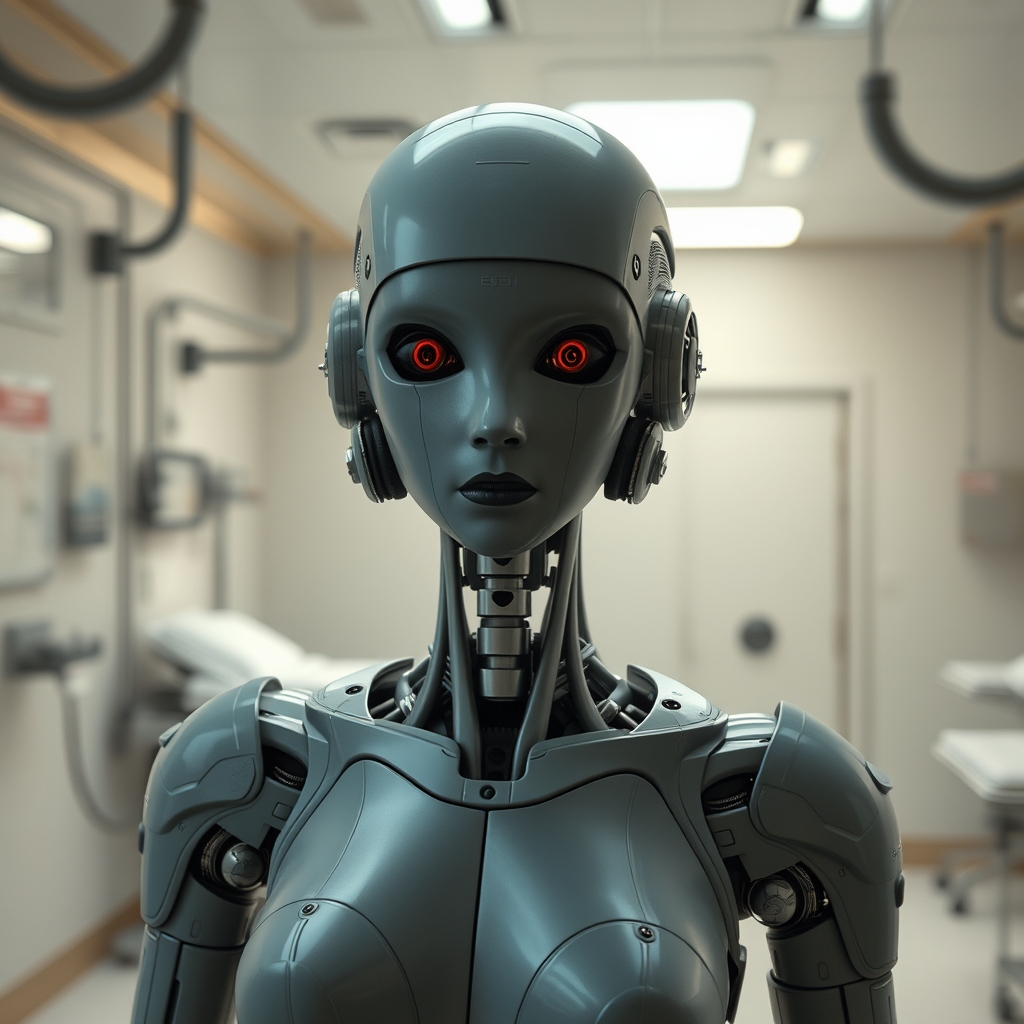 A female droid in a medical room inside a slave processing c