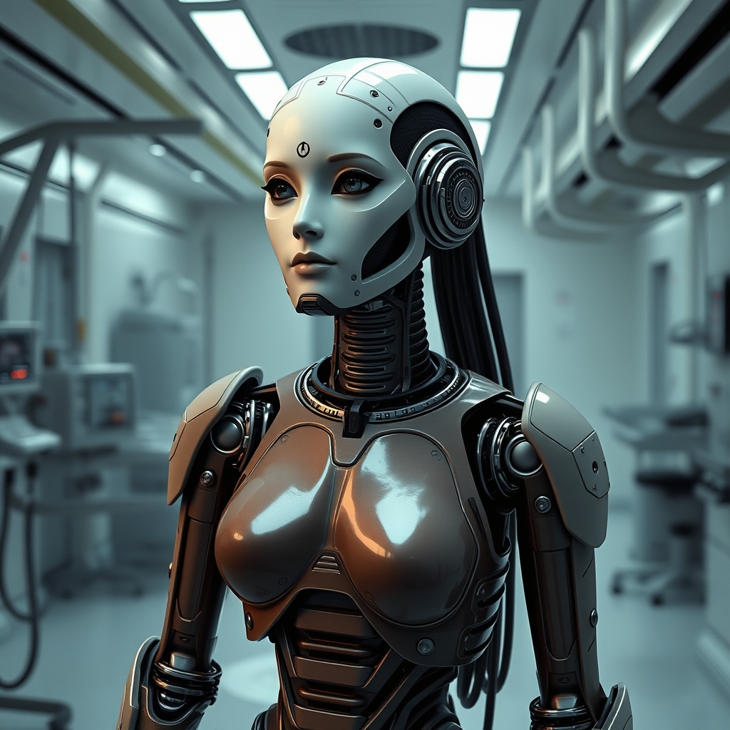 A female droid in a medical room inside a slave processing c