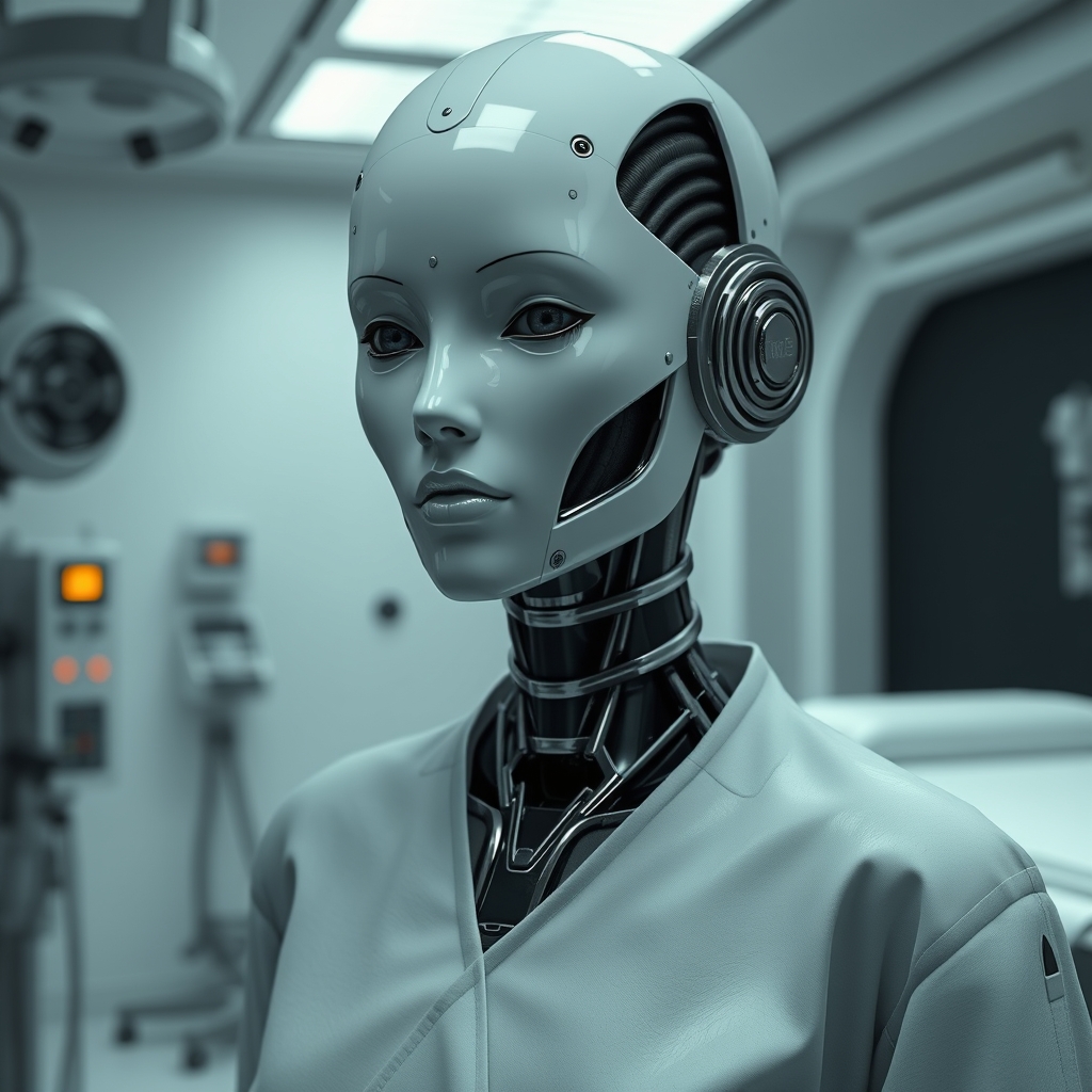A female droid in a medical room inside a slave processing c