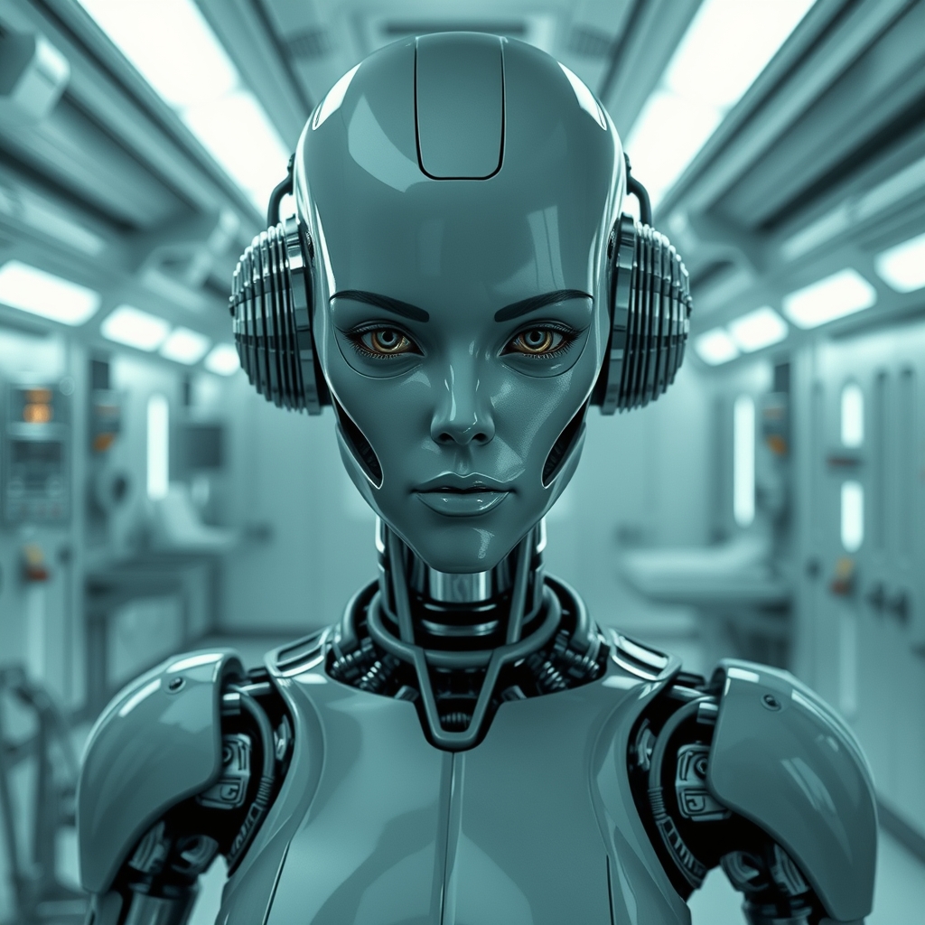 A female droid in a medical room inside a slave processing c