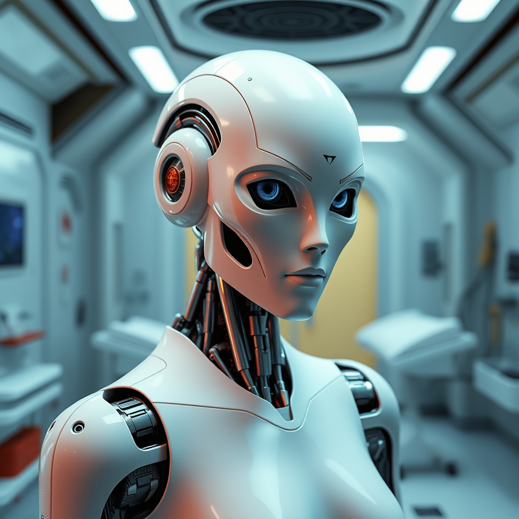 A female droid in a medical room inside a slave processing c