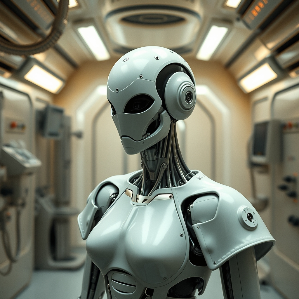 A female droid in a medical room inside a slave processing c